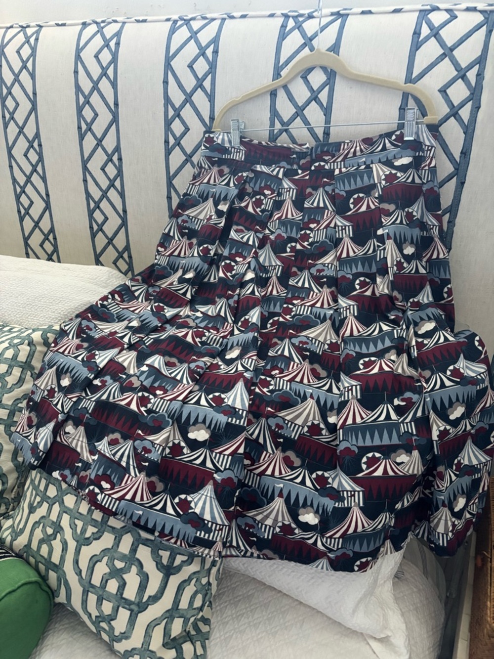 Playful Circus-Print Midi Skirt in Navy, Burgundy & White